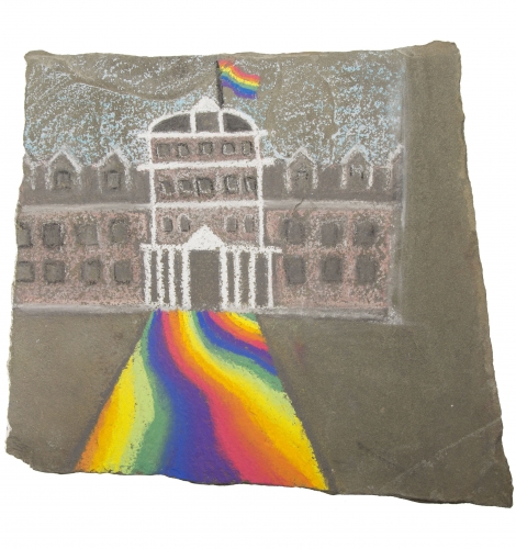 chalk drawing on stone of Parrish Hall and a rainbow-colored Magill Walk
